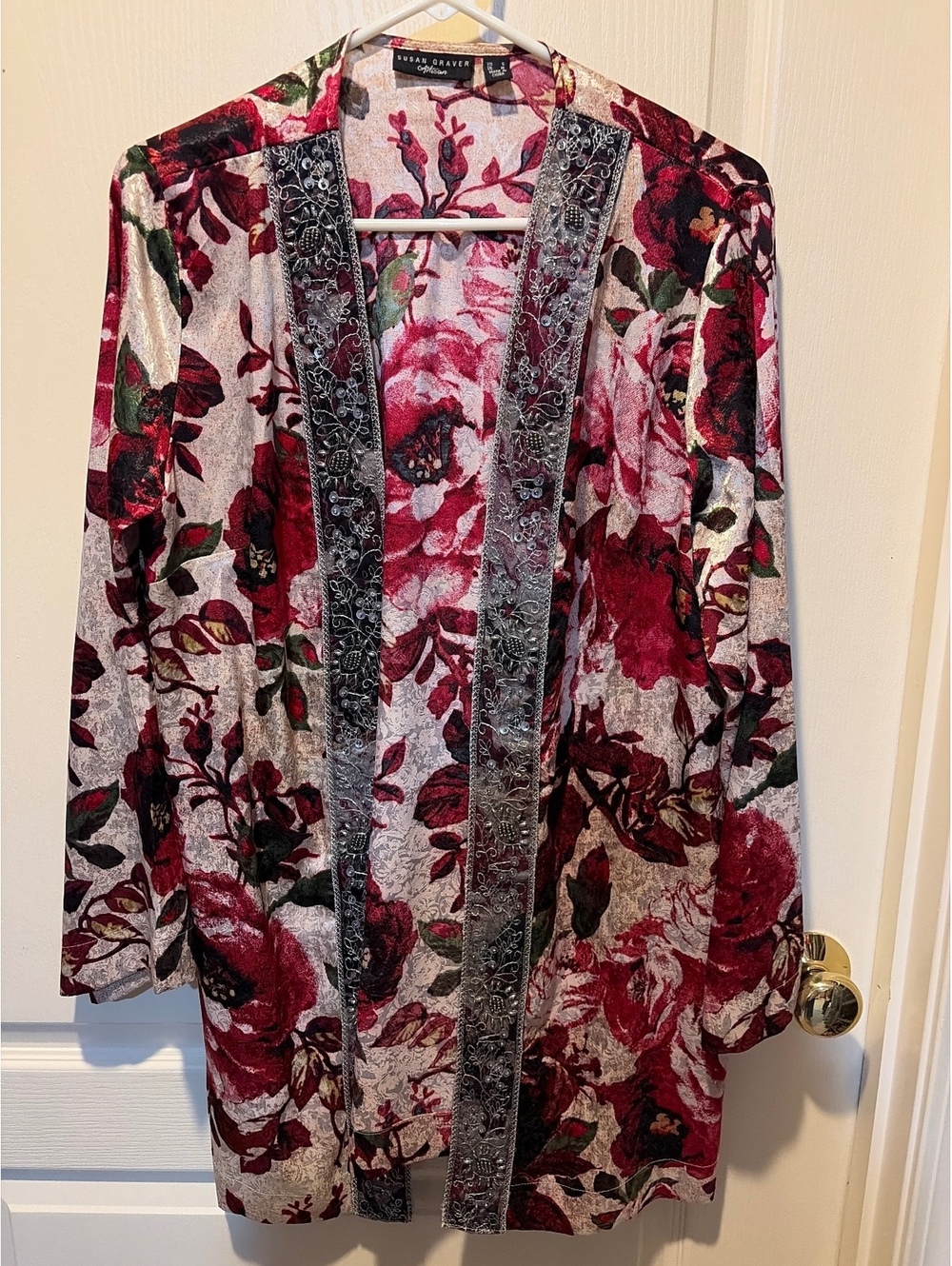 Susan Graver Artisan Floral Velvet Open Front Cardigan Size S